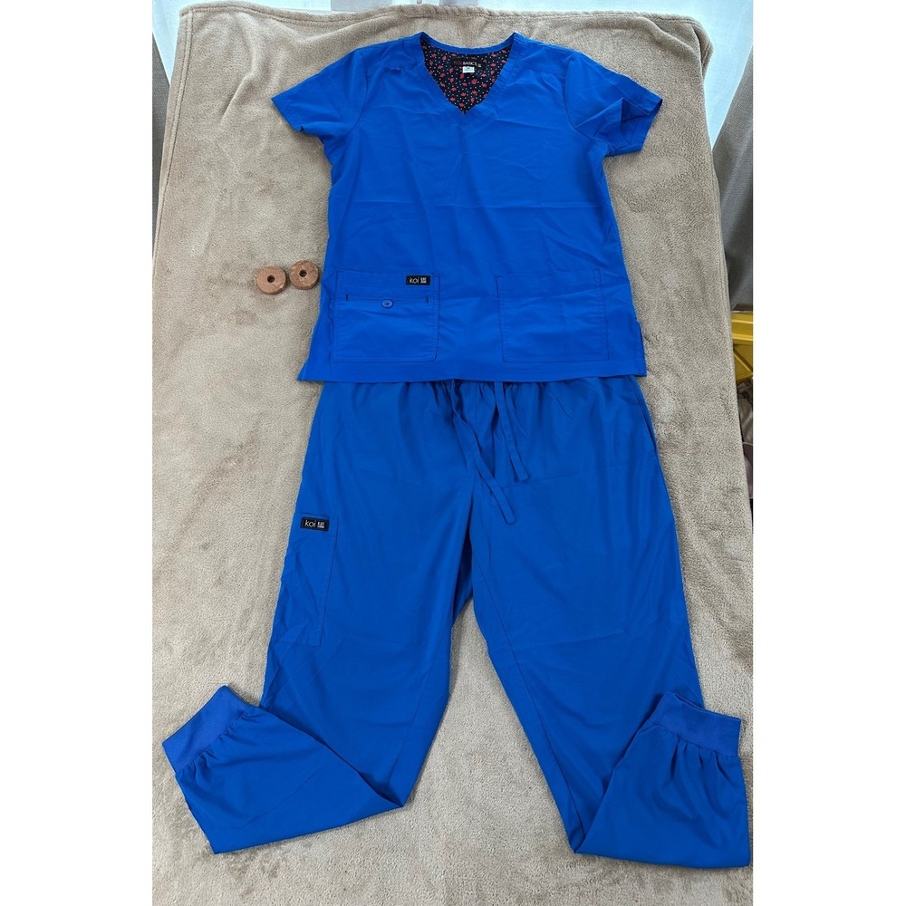 Koi Basics Scrub Set Womens M Royal Blue Scrub Set V-Neck Top Jogger Pants L EUC